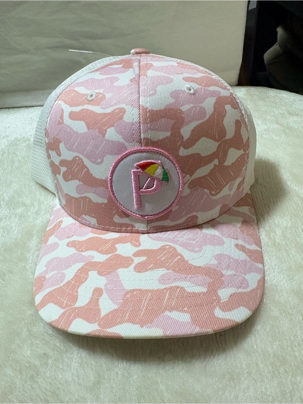 Puma Pink and White Camo Trucker Hat with Embroidered P Logo